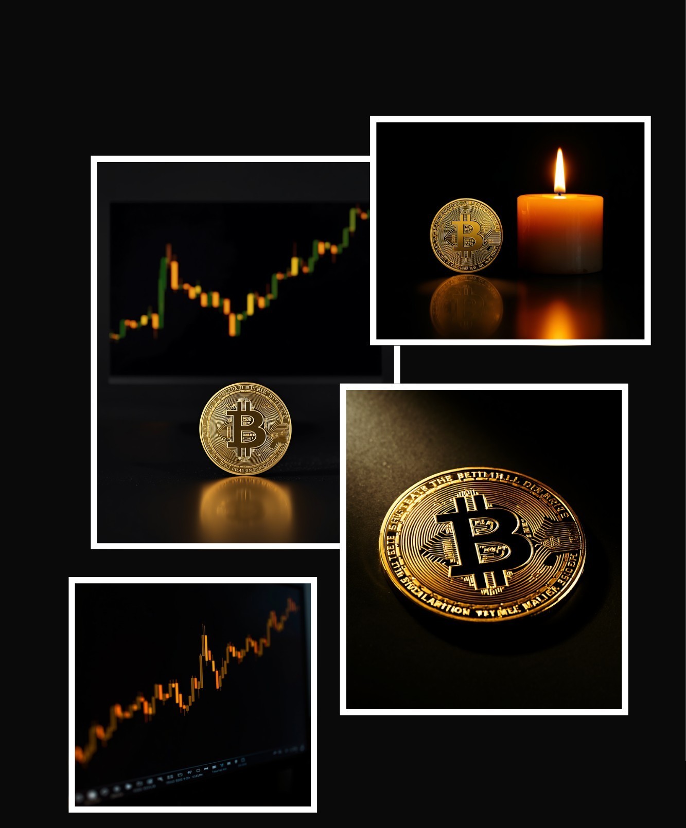 Collage de trading: gráficos de velas alcistas y monedas de Bitcoin doradas sobre fondo negro